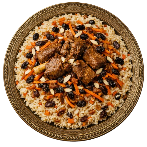 Qabili pallaw with lamb, carrots, raisins, and almonds